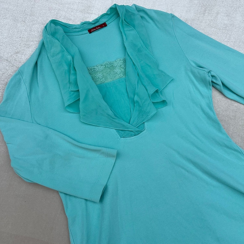 Barbara Lesser Womens Large Turquoise Ruffle Neck High Low Tunic Top 3/4 Sleeve